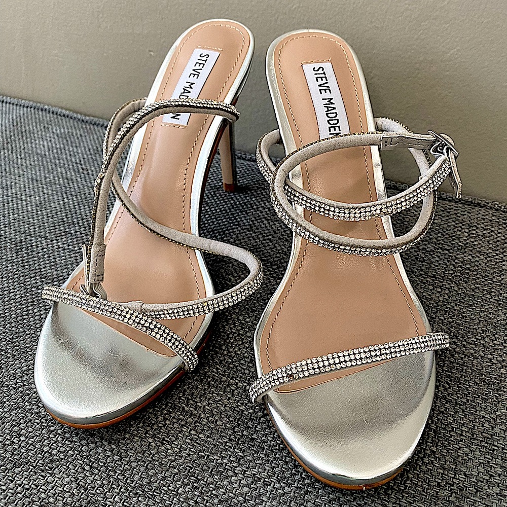 Festive Silver Rhinestone Ankle Strap Heels